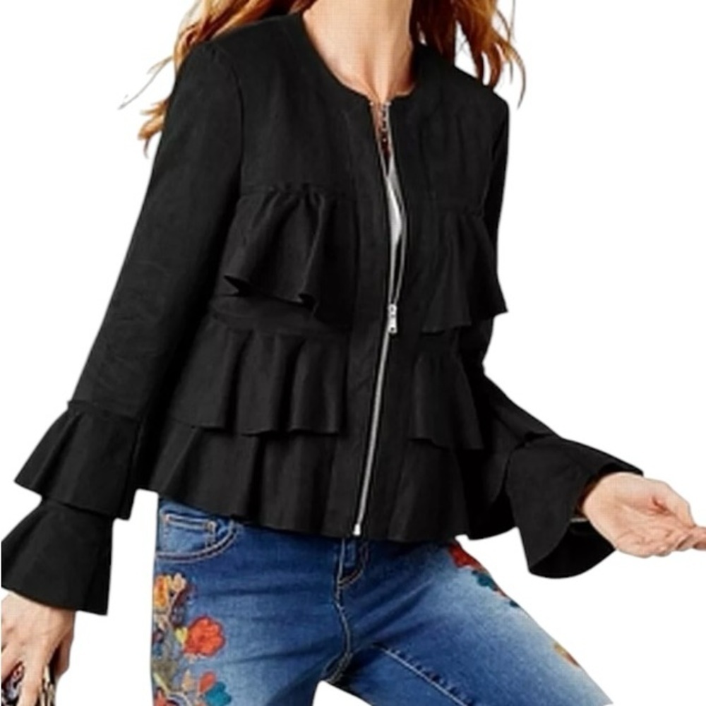 INC International Concepts Black Faux‎ Suede Tiered Ruffle Jacket M Bell Sleeves
